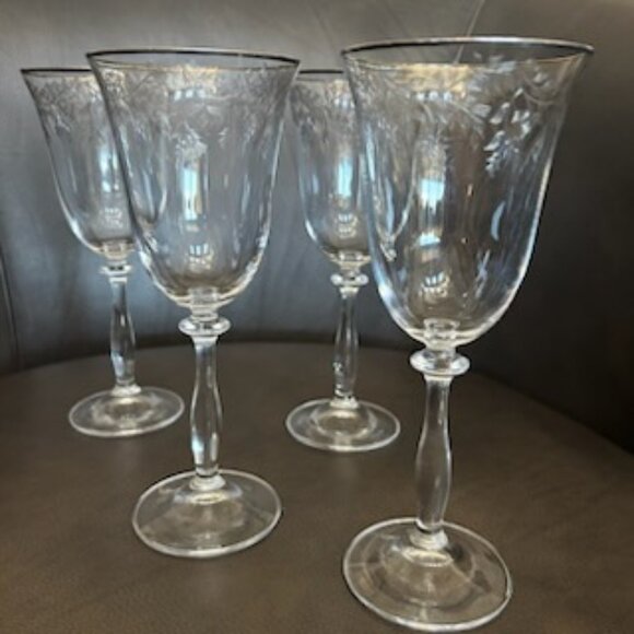 Other - NWOT Set of 4 Vintage Romance Etched Wine Glasses Goblets With Platinum Rim